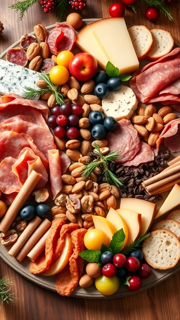 A festive charcuterie board with meats, cheeses, fruits, and nuts, garnished with herbs, on a wooden board.